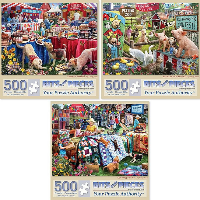 Bits and Pieces 성인용 300피스 직소 퍼즐 3개 밸류 세트 - 아티스트 래리 존스의 디저트 농장 동물 퀼팅 퍼즐 완성된 사이즈: 45.7cm x 61cm(1, Three 500 Piece Puzzles