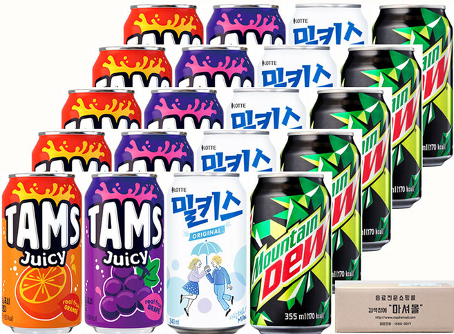 마셔몰 탄산음료 세트 탐스쥬시오렌지 포도 밀키스 마운틴듀 4가지맛 각5캔씩, 20개, 340ml