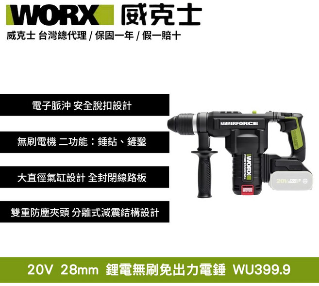 WORX 威克士 20V鋰電無刷電鎚 WU399.9 電子脈沖安全脫扣 28mm免出力鎚鑽, 1個