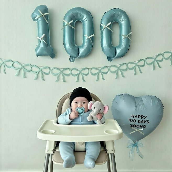 히얼투파티 아기 200일 셀프 촬영 소품 50일 100일 300일 500일 1000일, 1세트, 26.리본기념일_블루_100일
