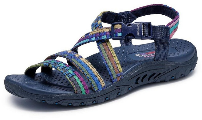 Skechers 여성용 Reggae Sew Me 보헤미안 우븐 스트랩 슬링백 샌들 네이비 멀티
