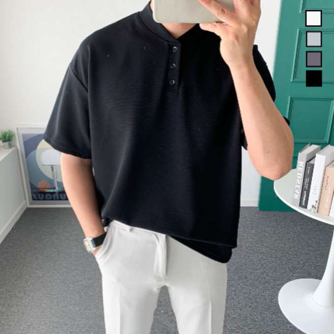 놈시크 남자 여름 헨리넥 반팔티 링클프리 스판 남성티셔츠