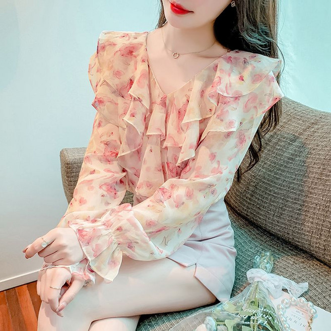 슬림소녀 여성 봄가을 브이넥 프릴 플라워 쉬폰 상의 심플 통근 긴팔 블라우스