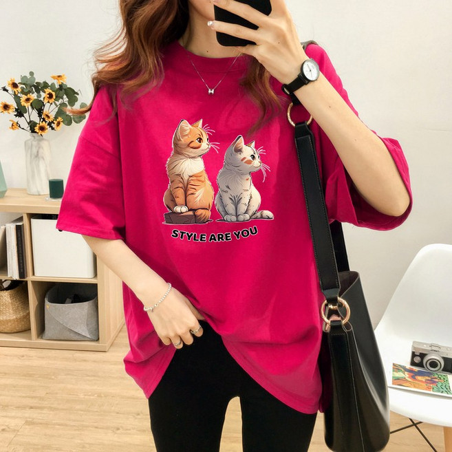스타일아유 면100% 순면 귀여운 고양이 프린트 여름용 오버핏 반팔 티셔츠 원작 빅사이즈 루즈핏 반팔티 롱티 자체제작