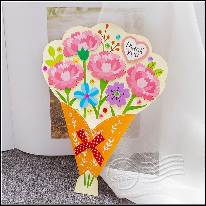 母親節DIY手作康乃馨花束卡片材料包 附信封 小朋友美勞手工賀卡 禮物, 10個裝, 康乃馨花束卡片