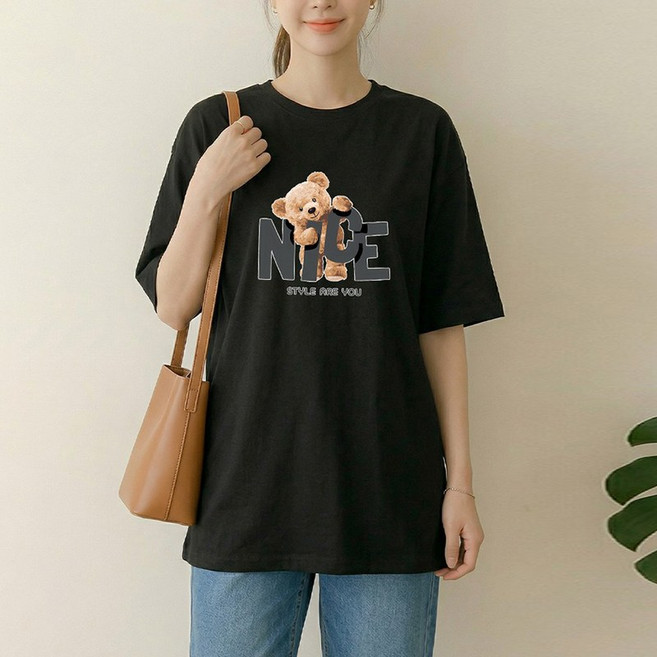 1장 (2장세트 장당7450) 스타일아유 여성 여름 오버핏 반팔 티셔츠 나이스 곰돌이 빅프린트 그래픽 루즈핏 롱박스티 TS3934