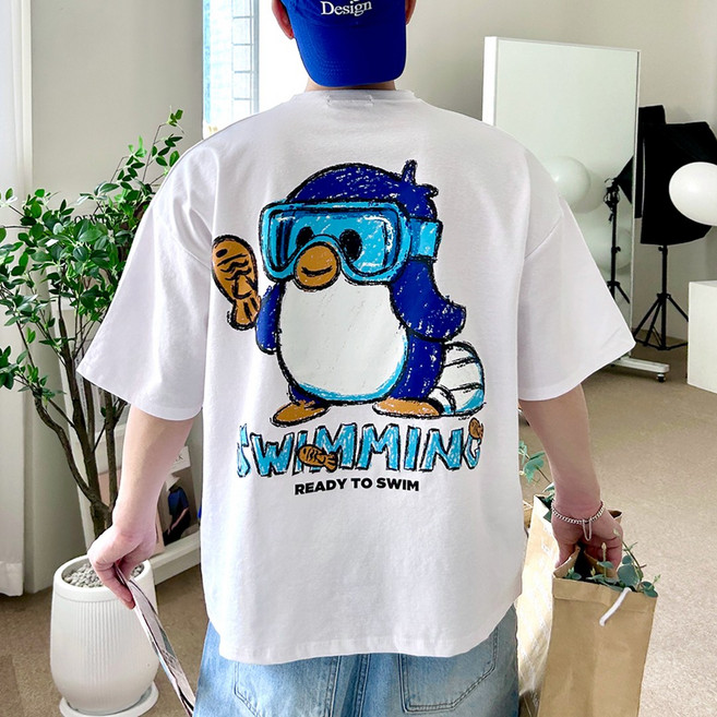 테이크잇컴퍼니 남자 고글 펭귄 백프린팅 오버핏 아이스 분또 반팔 티셔츠
