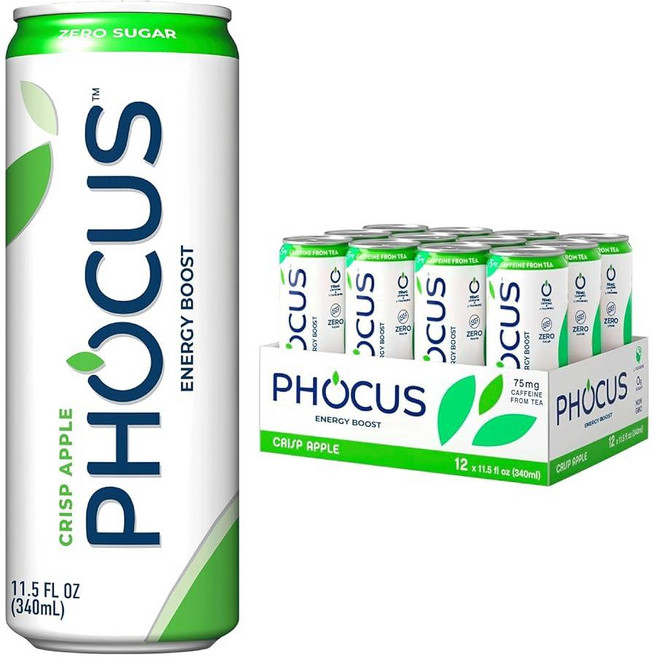 PHOCUS 카페인 스파클링 워터 블러드 오렌지 75mg 천연 카페인 플러스 L-테아닌 무설탕 제로 칼로리 인공 감미료 없음 355ml(11온스) 캔 (12팩), Crisp Apple, 355ml