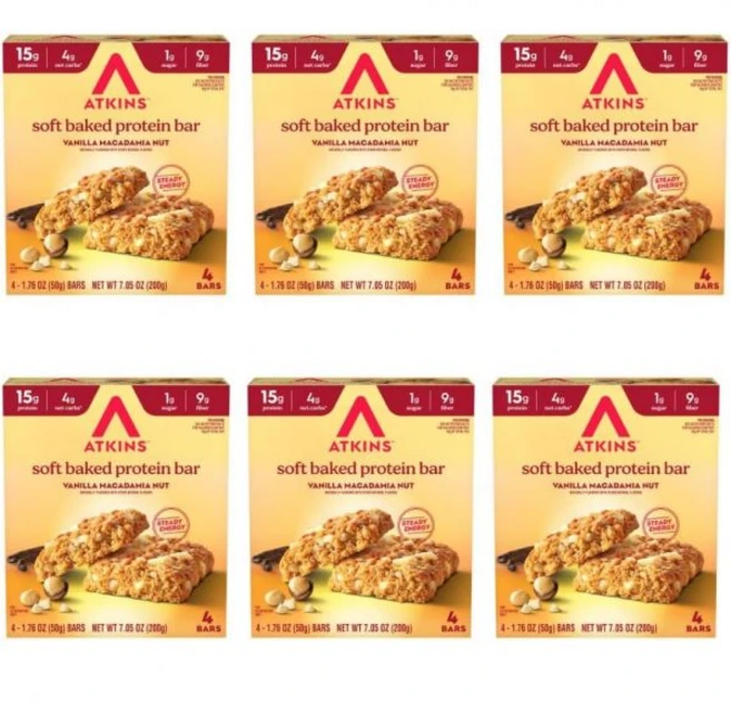 아트킨스 소프트 베이크 하이 프로틴 바 바닐라 마카다미아 넛 맛 15g 단백질 4g 순탄수화물 2g 설탕 케토 스낵 저당 고섬유질 6개입 각 4개씩, Vanilla Macad a Nut - 쿠팡