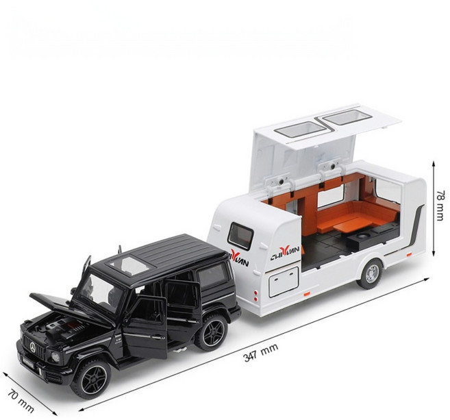 벤츠 지바겐 트레일러 세트 1:32 다이캐스트 캠핑카 자동차 모형, 블랙, 1개