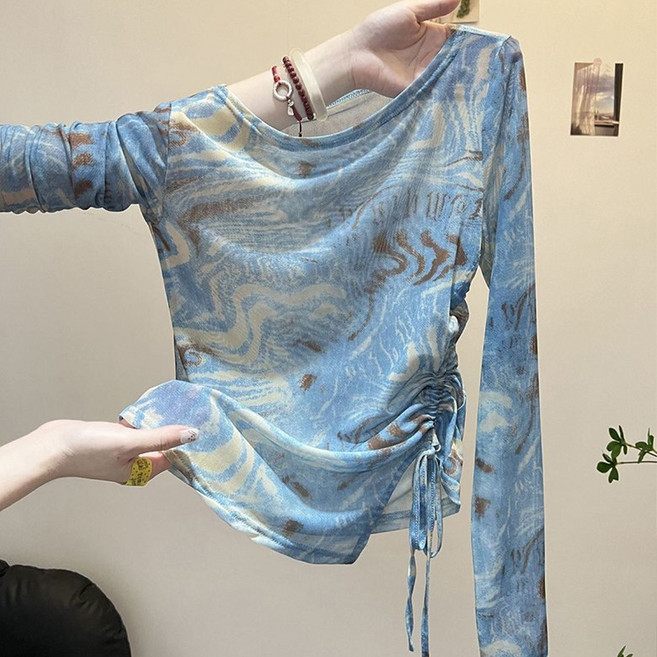 여성 나염 라운드 긴팔 망사티 데일리 슬림핏 이너티 디자인 스트링 봄 여름 레이어드 긴팔티