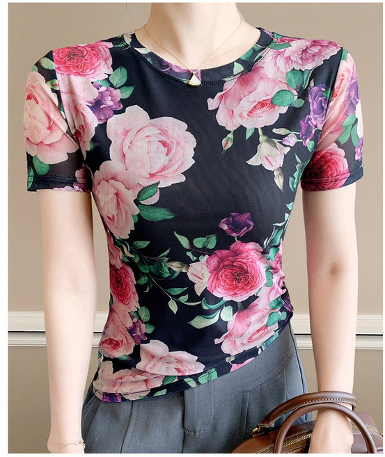 미미투 BT2146 여성 블랙 장미티셔츠 반팔 꽃무늬 스판쫄티