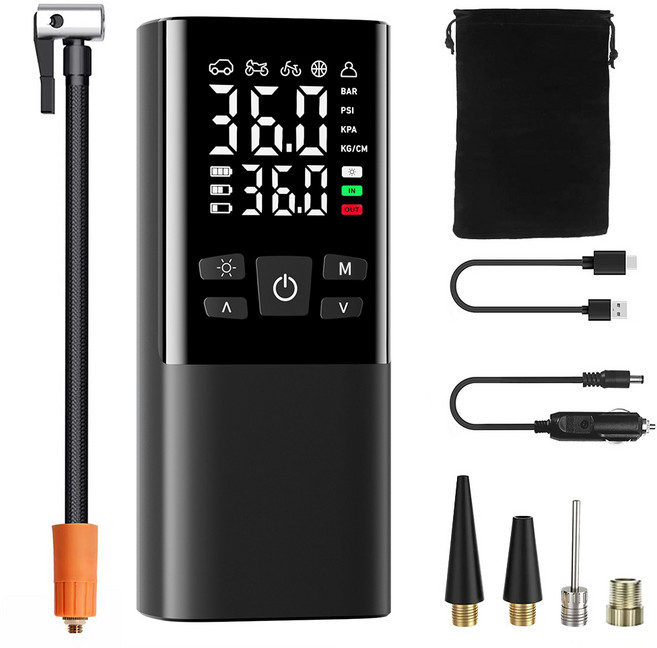 ACMEZING 타이어 공기압 주입기 휴대용 공기압 주입기 차량용 대용량 무선 다용도 에어 펌프 자전거 오토바이 구기 기압 주입기 7800mAh, 블랙, 1개