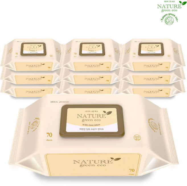 네이처 그린 에코 초순수 프리미엄 물티슈 더 도톰하고 더 넉넉한 사이즈 엠보싱 유아 아기 물티슈 캡형(75gsm), 75g, 70개입, 10개