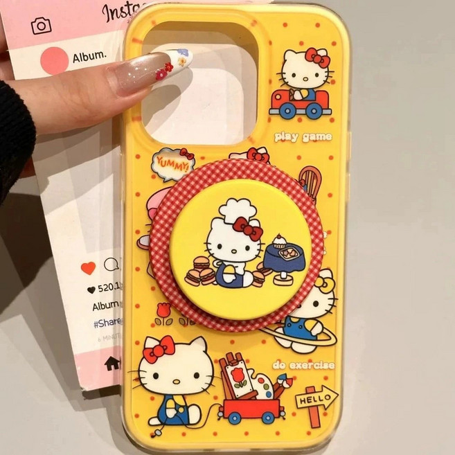 노랑 고양이 귀여운 아이폰 케이스 레드체크 그립톡