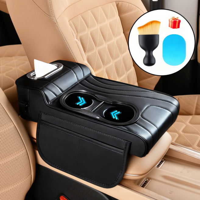 MIVONA 차량용 콘솔쿠션 팔걸이쿠션 4in1 컵홀더 티슈 수납 키높이형, 1개, 블랙
