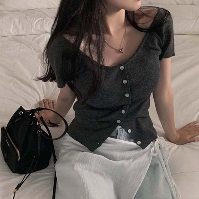 어반룩북 심플 브이넥 오프숄더 슬림핏 사라 탑