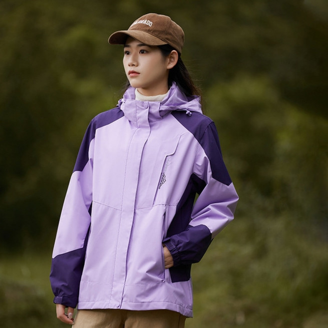 OUTDOOR SPORT 衝鋒衣外套 拚色防風防水透氣登山休閒外套, 女裝紫色(單層),2XL