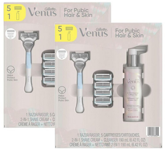 질레트 비너스 포 퓨빅 헤어 앤 스킨 쉐이빙 세트, 2개, 면도기 핸들 + 면도날 5p + 쉐이브젤