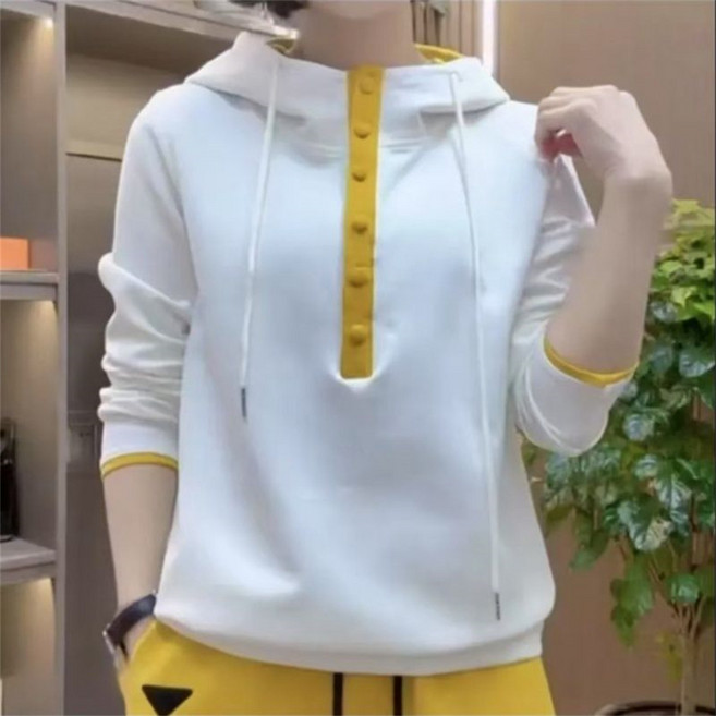 TKX 여성용 캐주얼 후드티 봄가을용 배색 디자인 단추 맨투맨 엄마 부드러운 상의