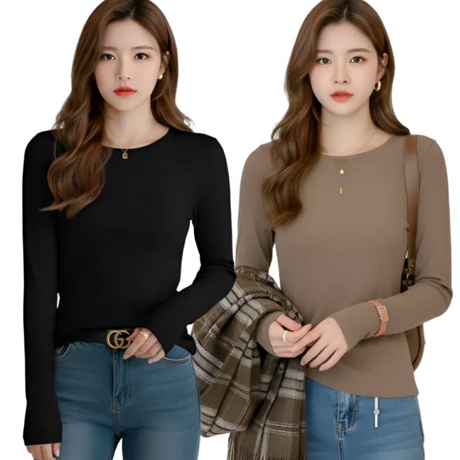 집가치 간절기 여성 긴팔 피치 기모 라운드넥 소프트 티셔츠 2종 세트