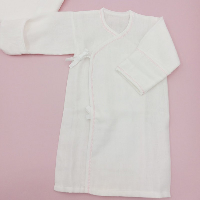 台灣製純棉紗布衣護手型三層紗新生兒內衣 粉線 長版三層紗款