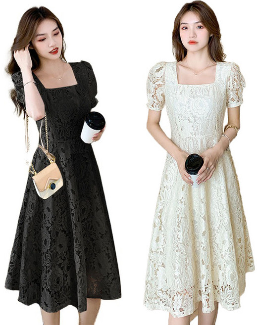 100kg까지 빅사이즈 스퀘어넥원피스 레이스 패션 하객룩 삼견례 돌찬치 예쁜 롱 원피스 ~5xl까지