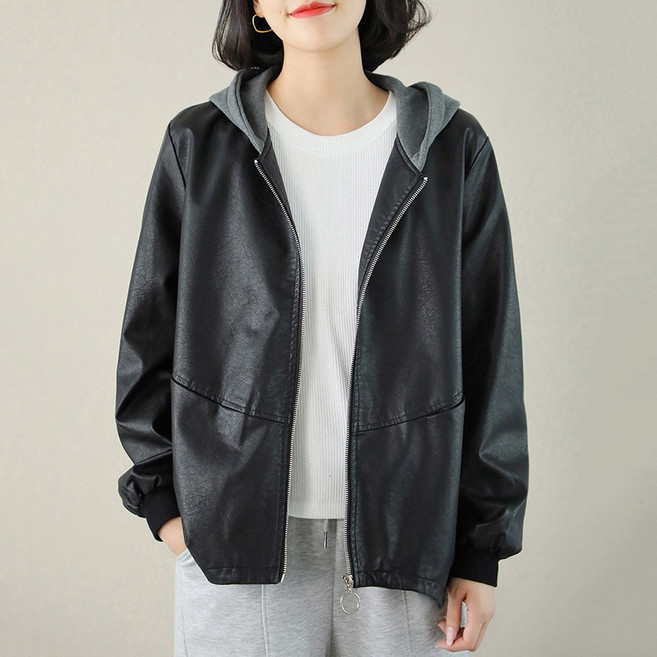 지디오 여성 가죽 자켓 후드 긴팔 숏 점퍼