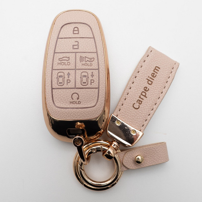 양면각인 스타리아 더뉴팰리세이드 더뉴그랜저 싼타페TM 투싼NX4 넥쏘 쏘나타DN8 호환 리모콘 가죽 차키케이스 커버 스마트 7버튼 키홀더 스트랩, KH17_TL28, 아이보리골드