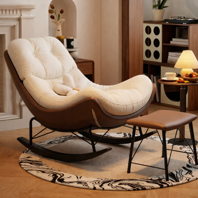 리베누아 Libenoir 프리미엄 1인용 럭셔리 흔들의자 리클라이너 스윙체어 안락의자 독서의자 쇼파, 1개, 9. 베이지 + 브라운 (발받침대 포함)