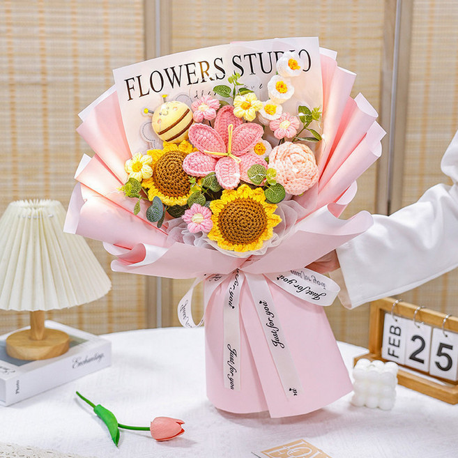 手工毛線花束 橘色系 含禮袋, 小蜜蜂針織大花束 - 粉色 袋子加燈, 1個