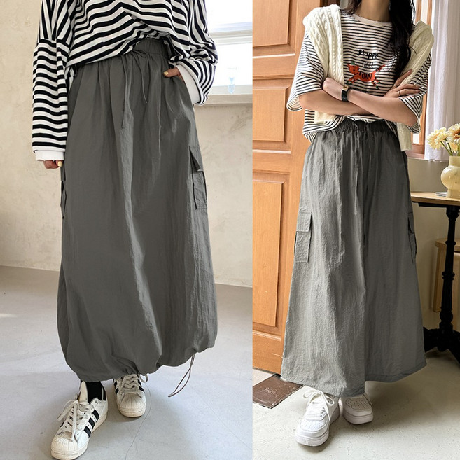데일리앤 니체 바스락 롱 스커트 빅사이즈 가벼운 밴딩 카고 치마