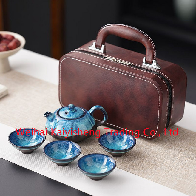 KYIS 여행 다기 세트 휴대용 도자기 찻주전자 야외 캠핑 여행 찻주전자 찻잔 선물 6개한세트, 상세페이지 참조, 1세트