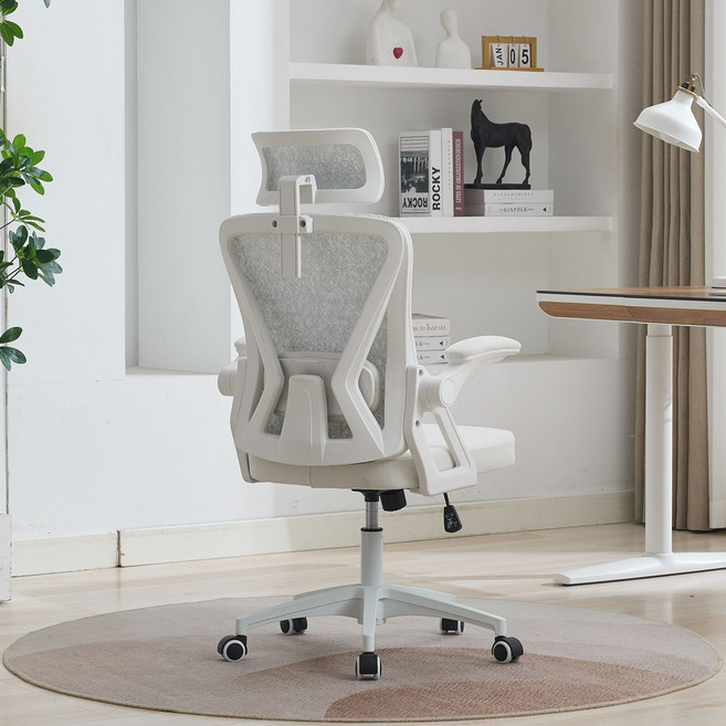 Koaris 고급 메쉬 코듀로이 사무용 의자 헤드레스트+요추받침 조절 가능 컴퓨터 의자, 베이지
