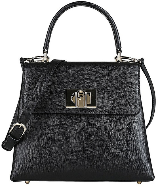 FURLA 1927 荔枝紋防刮牛皮旋釦式手提斜背包 (小), 黑