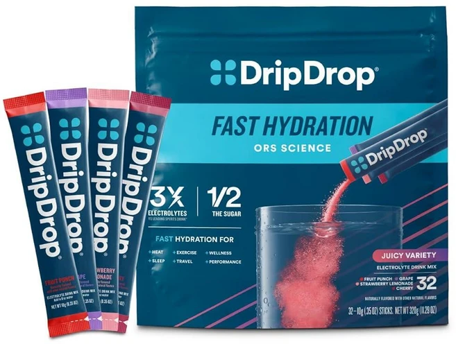 DripDrop 하이드레이션 패킷 - 쥬시 버라이어티 팩 - 1인용 전해질 파우더 드링크 믹스 - 포도 과일 펀치 딸기 레모네이드 체리 - GMO - 쿠팡