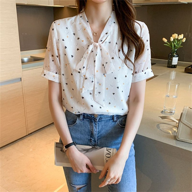 TKX 여성용 하트 프린트 리본 타이 반팔 블라우스 데일리 오피스룩 여름 캐주얼 탑