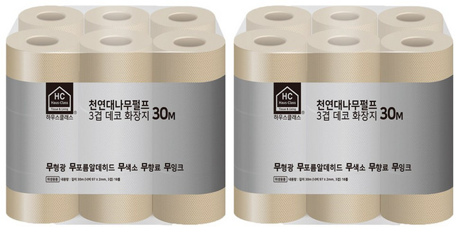 하우스클래스 대나무펄프 3겹 데코 고급 롤화장지, 30m, 18개입, 2개