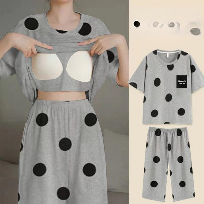 VEZRI 여성 여름 브라패드 반팔 풀오버 빅사이즈 얇은 소재 아웃도어 가능 홈웨어 세트 F88