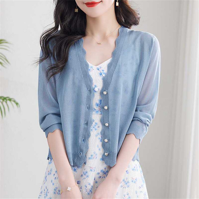 besteffie 여성 여름용 얇은 가디건 버튼업 물결 디자인 브이넥 무지 베이직 긴팔 니트 여성스러운 K92