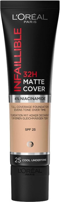 유럽 로레알 파리 Infaillible 32H 매트 커버 메이크업 리퀴드 파운데이션 SPF 25 30ml 롱래스팅 나이아신아마이드 모든피부 32시간 지속 풀커버 베이스메이크업, 1개