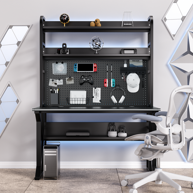 CProsis 컴퓨터책상 타공판 수납후크 추가 가능 게이밍 홈오피스 학생용 1000/1200/1400/1600mm, 블랙-타공판