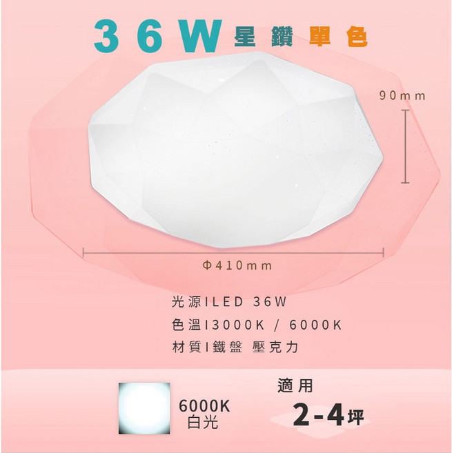 星鑽單色 LED 吸頂燈 15W, 36W 菱鑽,三段調光[白光/自然光/黃光], 36W 菱鑽, 三段調光