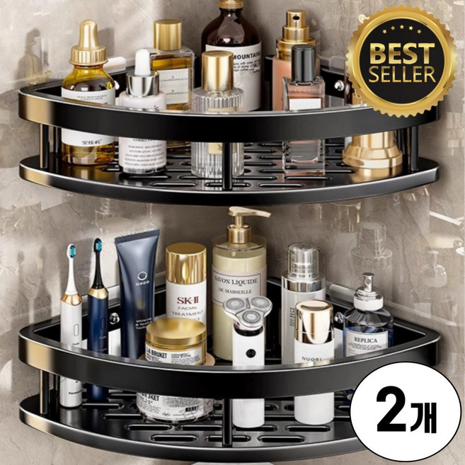 조은마음 1+1 무타공 욕실 화장실 코너 선반 수납 정리대, 2개입, 맷블랙