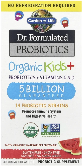Garden of Life 의사가 배합한 프로바이오틱 유기농 어린이용 + 프로바이오틱 + 비타민C 및 D 츄어블 맛있는 유기농 수박 맛있는 츄어블 30정 - 쿠팡