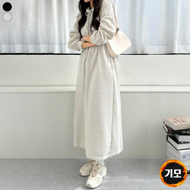 블레스유 여성 기모 후드 롱 원피스 가을 겨울 따뜻한 데일리룩 허리 스트링 집앞마실룩