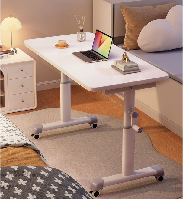 이동식 컴퓨터 책상 모션데스크 수동 높이조절 스탠딩 바퀴달린 테이블 소형 데스크, 화이트-80x60cm+이동휠