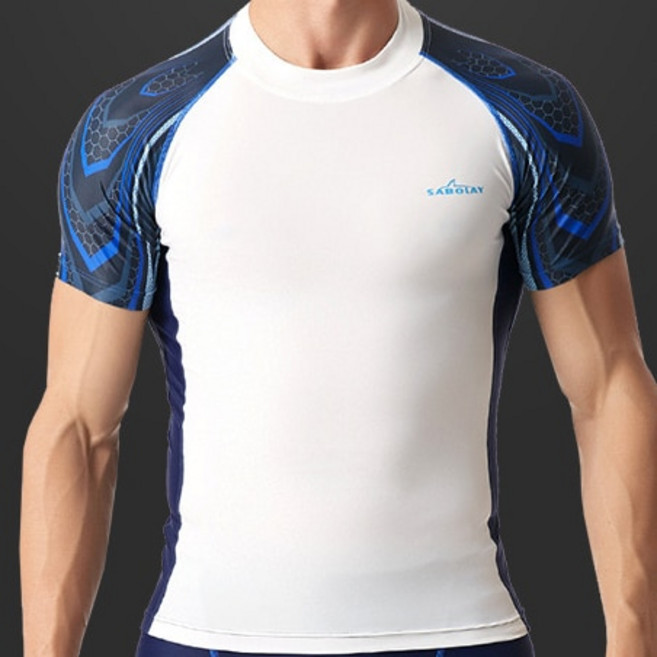 웻슈트 상의 남성용 타이트한 반팔 잠수복 블루 스판덱스 다이빙 반바지 스플릿 속건성 야외 서핑 L-5XL 1, 04 White Top_03 XXL