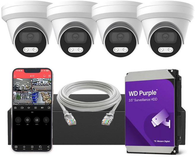 [하드 4TB 포함] HNTek 800만화소 IP CCTV 세트 (4채널 NVR + 실내/실외 PoE 카메라 + UTP케이블 20M), 1세트, 실내용 4대