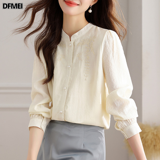 DFMEI 新中式國風刺繡長袖立領襯衫女高級感氣質醋酸襯衣春季潮